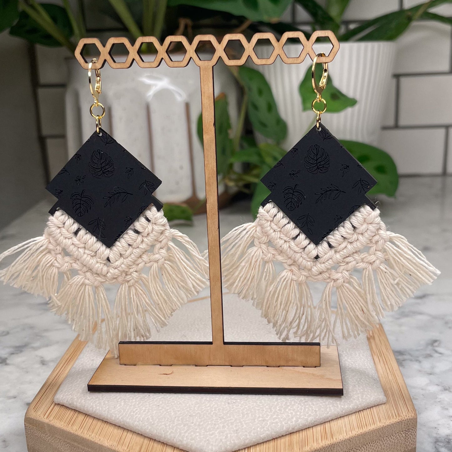 Botanical Monstera Macrame Earrings