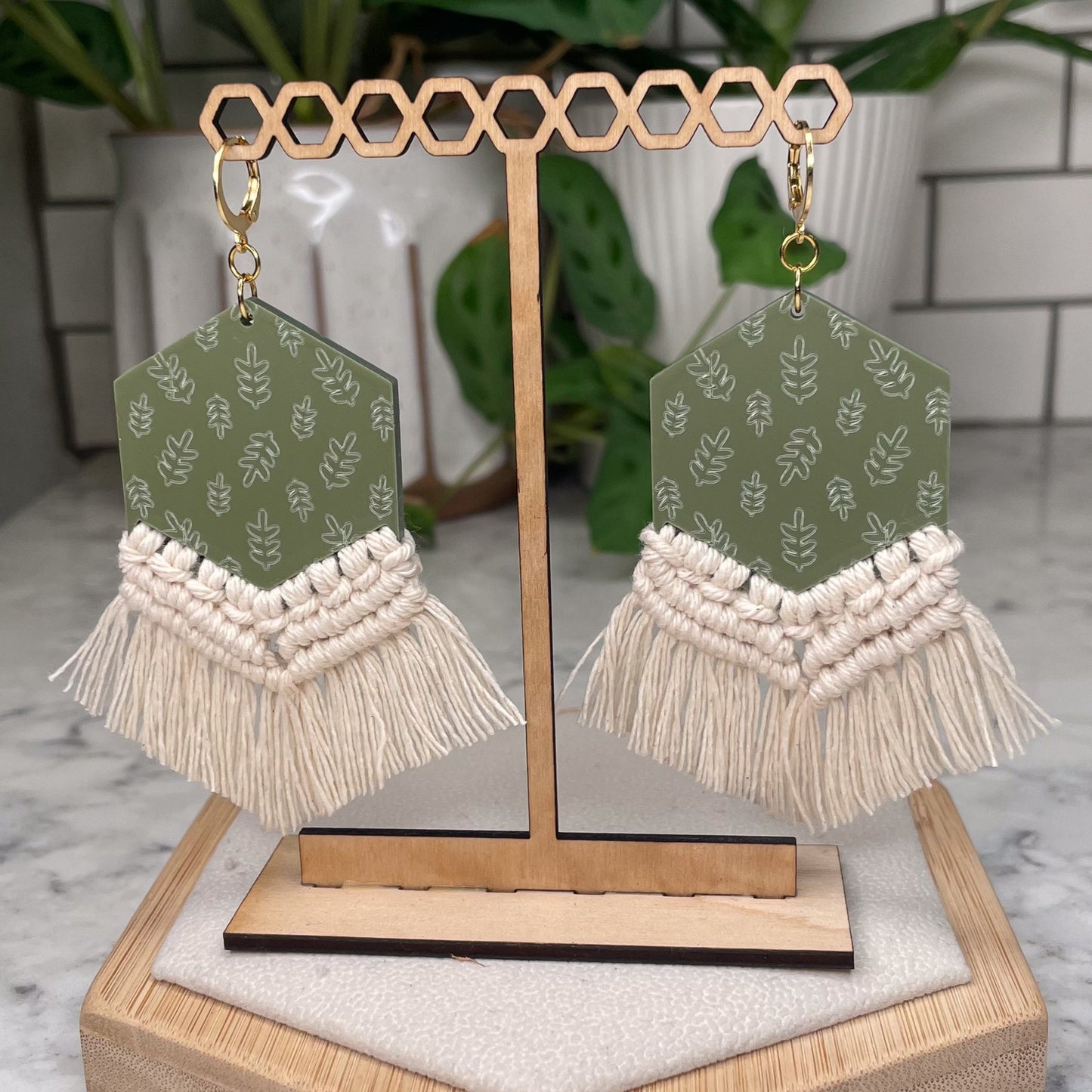 Botanical Leaf Hexagon Macrame Earrings