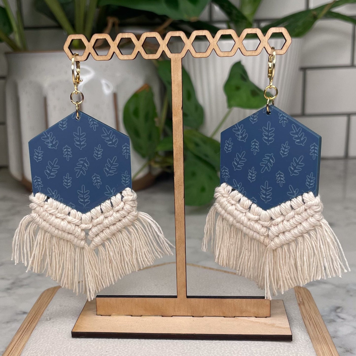 Botanical Leaf Hexagon Macrame Earrings