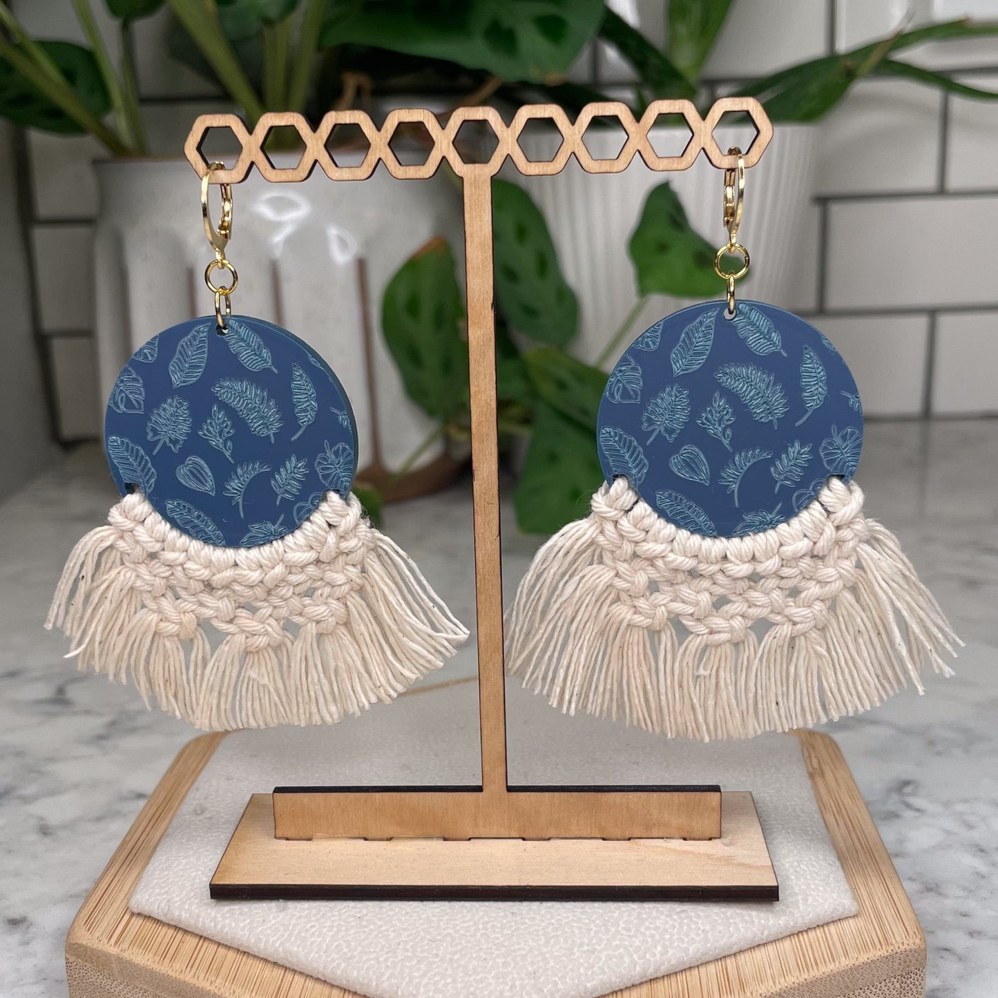 Botanical Palm Leaf Macrame Earrings