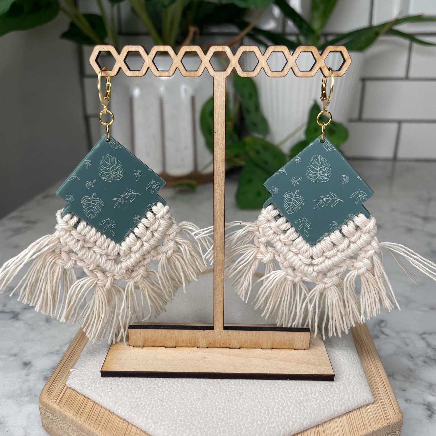 Botanical Monstera Macrame Earrings