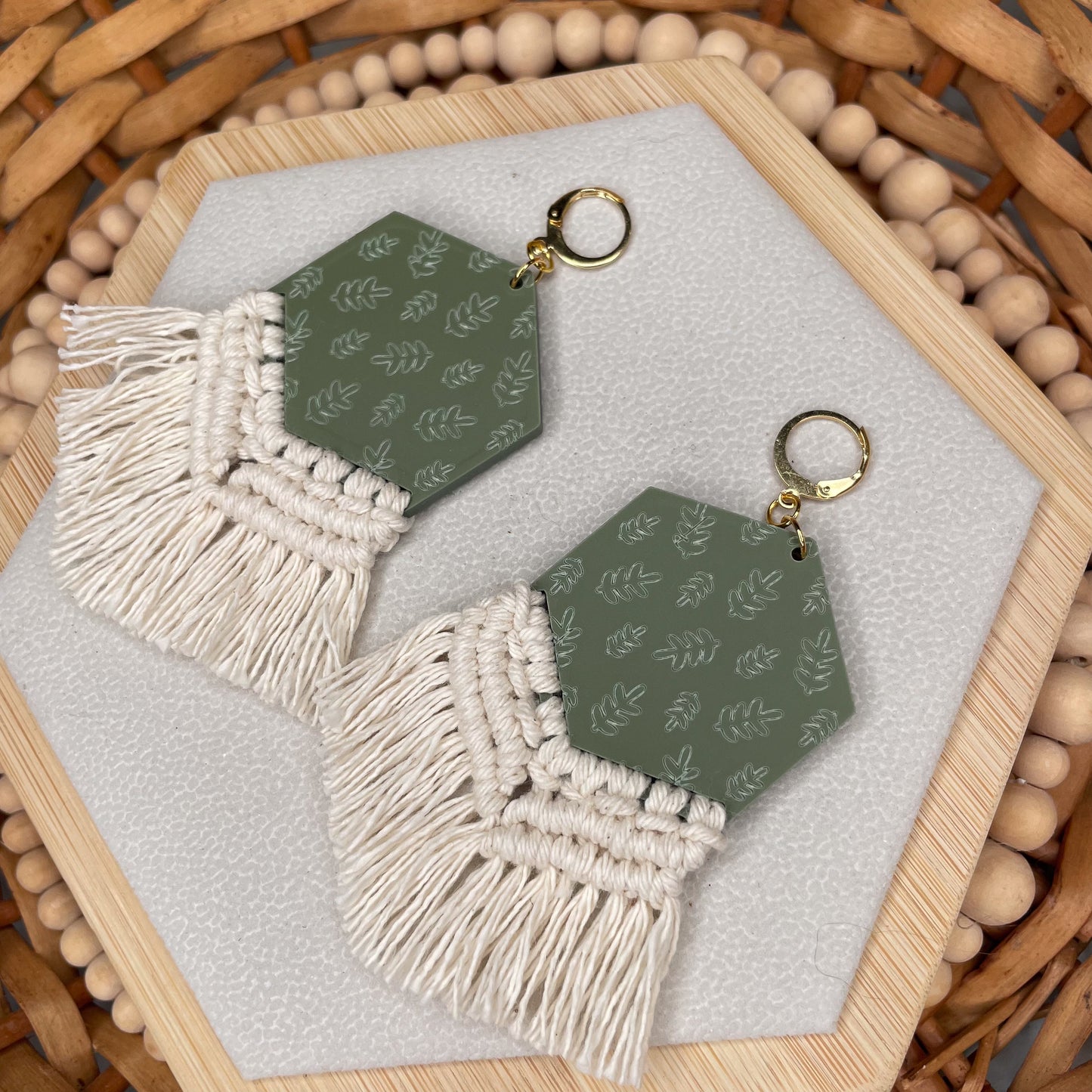 Botanical Leaf Hexagon Macrame Earrings