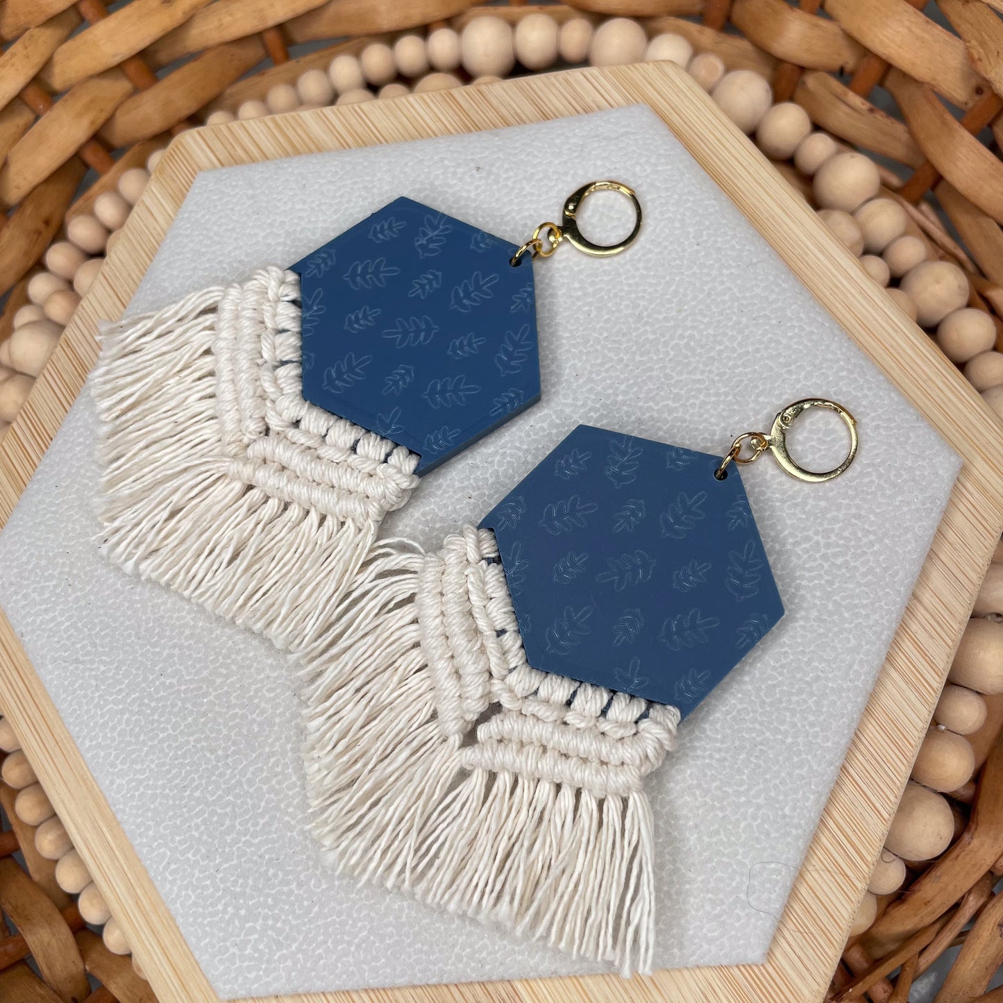 Botanical Leaf Hexagon Macrame Earrings