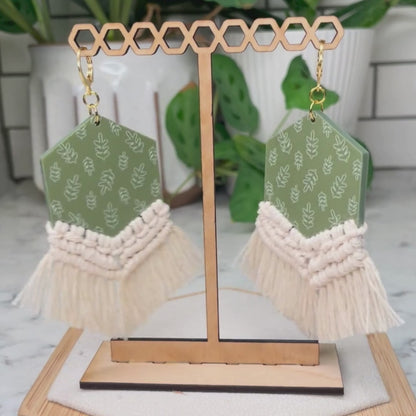 Botanical Leaf Hexagon Macrame Earrings